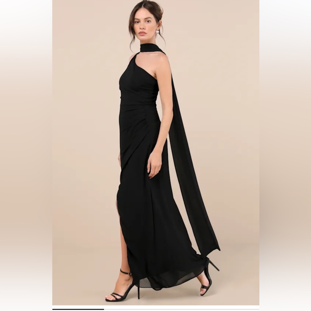 Lulus Adeline Black One-shoulder Scarf Maxi Dress - Size S